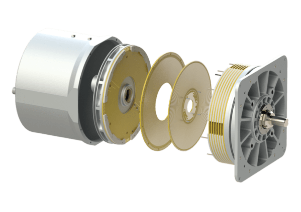 An exploded view of an electrostatic motor from manufacturer C-Motive. There is a silvery cylinder on the left, two half silver and half golden disks on either side and two thinner gold disks in the center. A square mountin plate is on the right hand side next to one of the silver/gold disks.