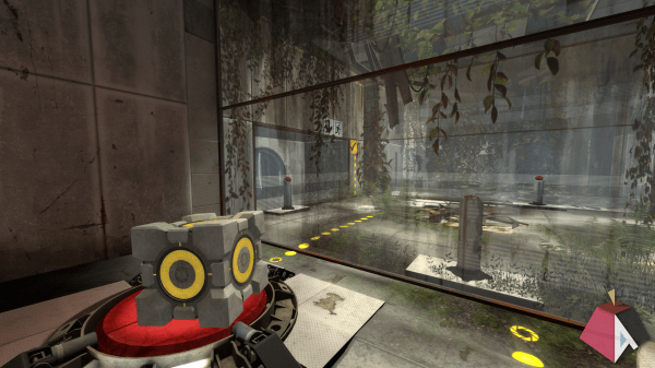 A screen capture from Portal 2 running in Asahi Linux. The Asahi Linux logo is in the bottom right of the image as a watermark. The environment is a concrete and glass building with elements of nature taking over the room on the other side of the glass from the character. A red circle with a grey cube above it is in the foreground.